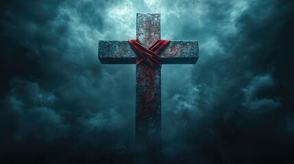 Weathered cross draped with red cloth amidst dark clouds. Easter, Pascha, Paskha, Ostern, Pascua, Paques - Orthodox and Catholic Holiday celebration