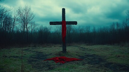 Dark wooden cross in gloomy forest with red cloth and overcast sky. Easter, Pascha, Paskha, Ostern, Pascua, Paques - Orthodox and Catholic Holiday celebration