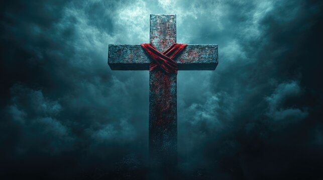 Weathered cross draped with red cloth amidst dark clouds. Easter, Pascha, Paskha, Ostern, Pascua, Paques - Orthodox and Catholic Holiday celebration