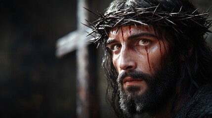 Young caucasian man with crown of thorns and cross in background. Easter, Pascha, Paskha, Ostern, Pascua, Paques - Orthodox and Catholic Holiday celebration
