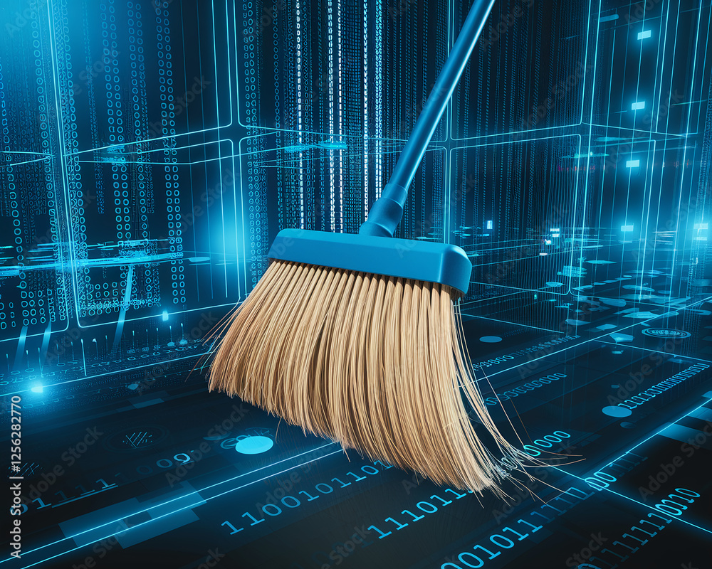 Poster A close-up image of a broom sweeping away binary code (1s and 0s) on a digital surface, symbolizing data cleaning, digital maintenance, and cybersecurity.