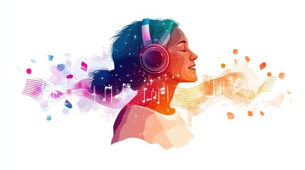 Colorful portrait of Elderly woman listening to music with headphones and abstract sound waves