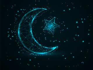 Digital Low Poly ramadan kareem Moon and Star in Night Sky with Glowing Blue  light background design.