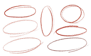 Hand drawn set of ovals and circles for design use. Red pencil hand drawn doodle ellipses on transparent background. Abstract pencil drawing. Artistic illustration elements