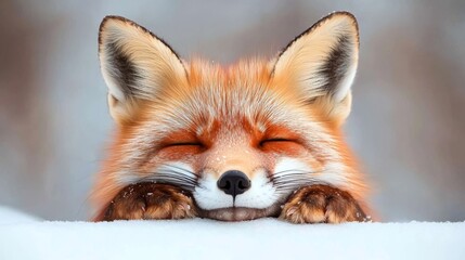 Obraz premium Red fox peacefully sleeping in the snow with head down, showcasing winter serenity and wildlife beauty.
