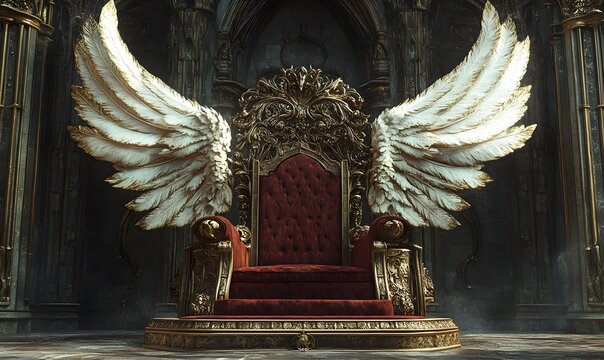 Majestic golden throne with white wings in a grand and dark setting