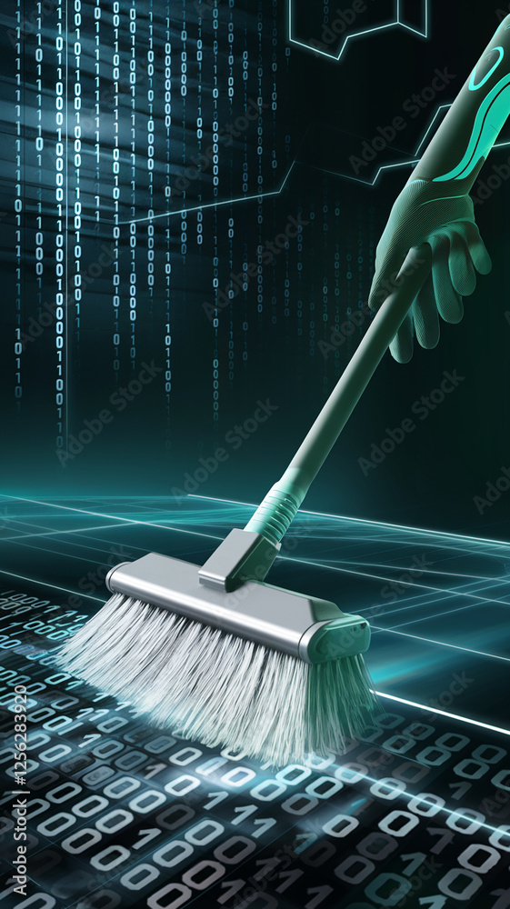 Poster A digital broom sweeping through binary code on a virtual grid, symbolizing data cleanup, cybersecurity, and the protection of digital information in a futuristic technological world.