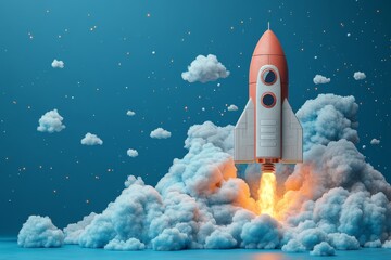 Fototapeta premium Cartoon rocket launching from clouds in a starry sky