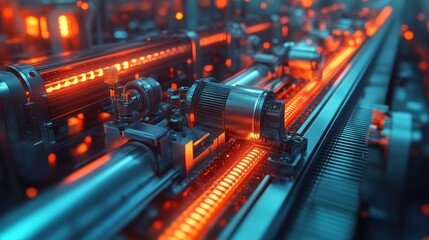 Industrial machinery in motion, glowing red lights, factory setting
