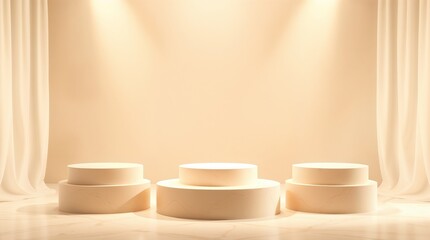 Three beige light podium for cosmetic product presentation