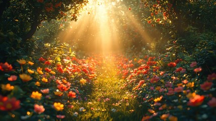 Obraz premium Sunlit Garden Path with Vibrant Flowers