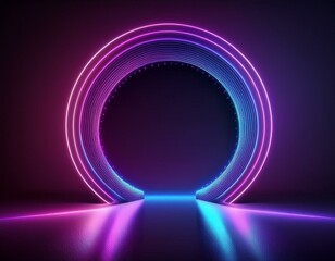 Obraz premium 3d render, abstract ultraviolet background, pink blue neon light, round shape, portal, virtual reality, energy source, led, blank space, laser show