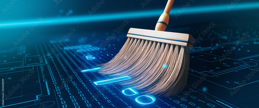 Aufkleber A close-up of a broom sweeping digital binary code, symbolizing the concept of data cleaning, digital maintenance, and cyber hygiene in a virtual computing environment.