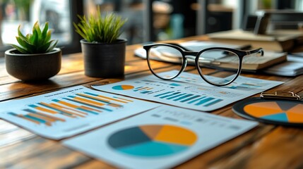 Business workspace with graphs and charts, glasses, and plants on a wooden table