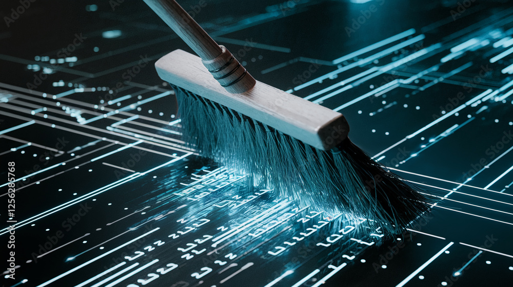 Fototapete A close-up view of a broom sweeping through digital lines and binary code, symbolizing data cleaning, digital maintenance, and cybersecurity in a futuristic computing environment.