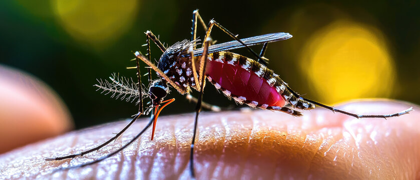 Close-up of a mosquito feeding on human skin with a blurred natural background
