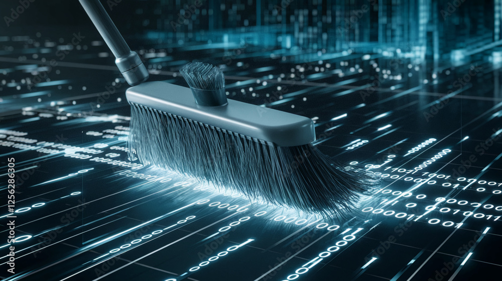 Poster A close-up image of a broom sweeping over digital lines and binary code, symbolizing the concept of cleaning up data, cybersecurity, and digital maintenance in a futuristic environment.