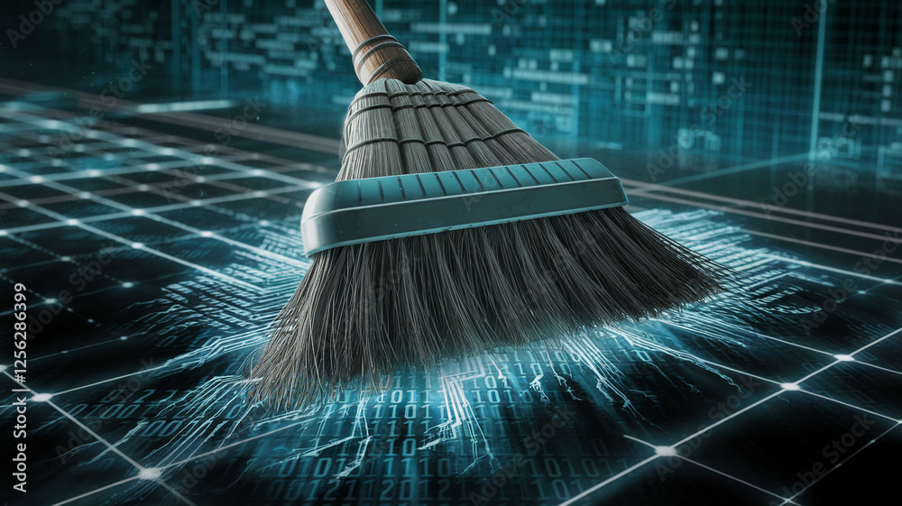 Poster A futuristic concept image of a broom sweeping digital binary code lines, symbolizing data cleaning, digital maintenance, and cybersecurity in a modern technology-driven environment.