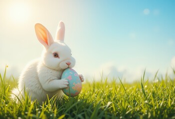 Fototapeta premium Adorable white bunny holding Easter egg in sunny grass field.