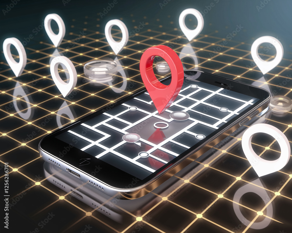 Poster A futuristic tech image showcasing a smartphone with location pins on a digital map, symbolizing GPS, navigation, location tracking, and modern technology in mapping services.