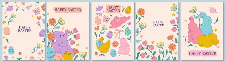 
Easter design. Hand drawn cute bunnies, eggs, flowers, plants, chick . Colorful vector spring illustrations.  Holiday cards, banners, covers.