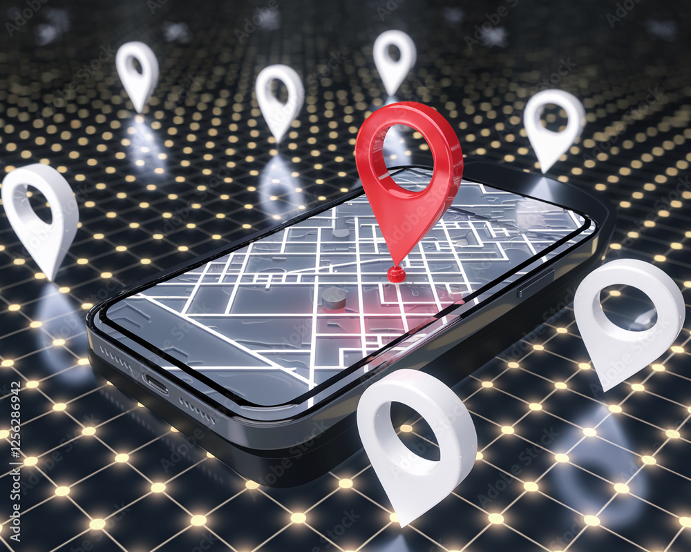 Poster A futuristic tech image showcasing a smartphone with location pins on a digital map, symbolizing navigation, GPS technology, and location tracking services for modern travel.