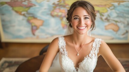 A joyful bride wearing a stunning white gown beams with happiness during her honeymoon in 2025, set against a vibrant world map. Her radiant smile captures the excitement of the moment.