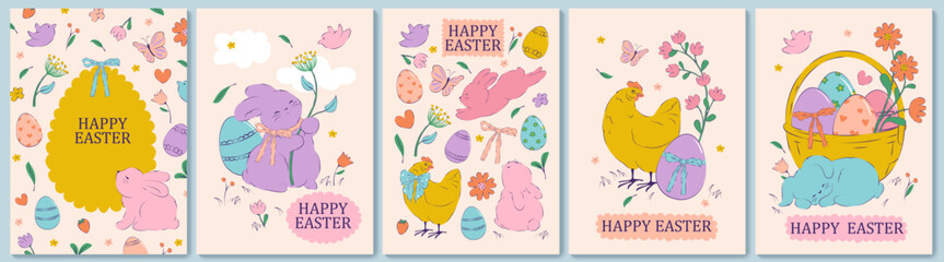 
Easter design. Hand drawn cute bunnies, eggs, flowers, plants, chick . Colorful vector spring illustrations.  Holiday cards, banners, covers.