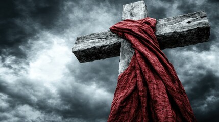 Weathered wooden cross with red cloth against dramatic stormy sky. Easter, Pascha, Paskha, Ostern, Pascua, Paques - Orthodox and Catholic Holiday celebration