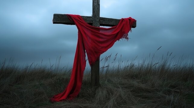 Weathered wooden cross with red cloth in stormy field. Easter, Pascha, Paskha, Ostern, Pascua, Paques - Orthodox and Catholic Holiday celebration