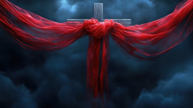 Wooden cross with flowing red fabric in dramatic dark clouds background. Easter, Pascha, Paskha, Ostern, Pascua, Paques - Orthodox and Catholic Holiday celebration - Powered by Adobe