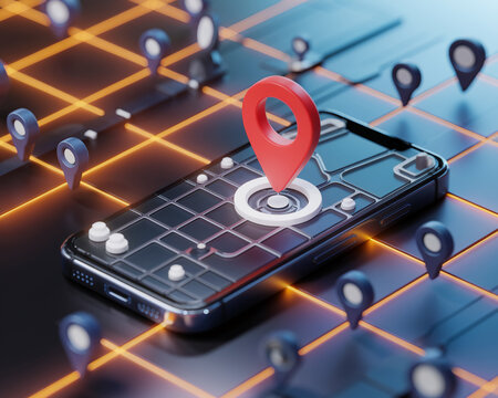 A futuristic tech image showing a smartphone with location markers on the screen, representing advanced mapping, navigation systems, and location-based services in the digital world. - Powered by Adobe