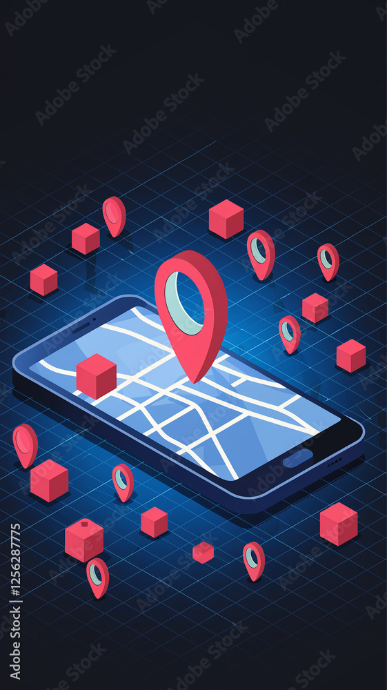 Poster A vertical composition of a smartphone with a map, featuring several location pins and 3D blocks, representing navigation and mapping technology, showcasing digital interaction and geolocation.