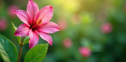 Delicate pink petals fall from a lush green stem, stem, greenery, pink
