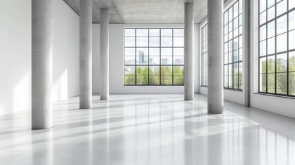Fototapeta premium Modern Empty Space with Large Windows - Bright, spacious interior with concrete pillars and expansive windows offering a city view. Ideal for modern office, gallery, or event space
