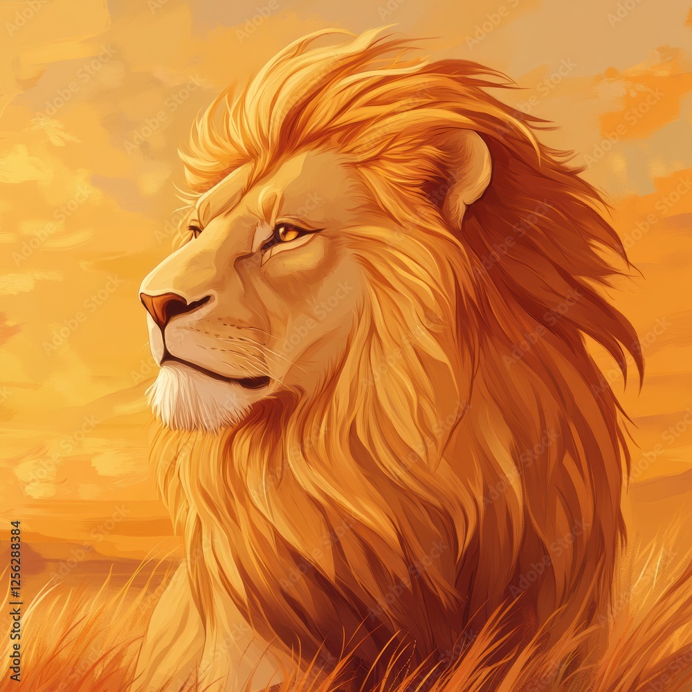 Poster regal lion with glowing golden mane during sunset with space for text and artistic presentation. gen