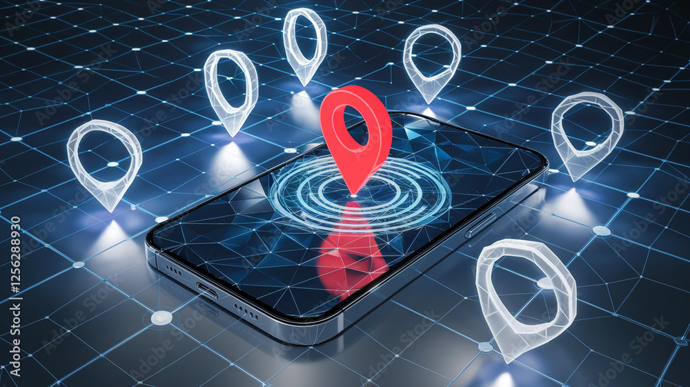 Poster A high-tech concept image of a smartphone displaying location pins over a grid, symbolizing geolocation, navigation, and global positioning system (GPS) technology.