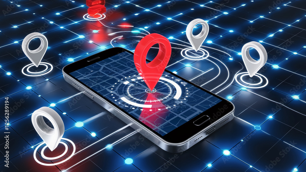 Poster A high-tech concept image of a smartphone with location pins on a digital map, representing GPS, geolocation, and mobile navigation technology.