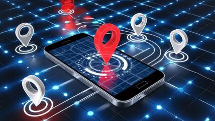 A high-tech concept image of a smartphone with location pins on a digital map, representing GPS, geolocation, and mobile navigation technology.