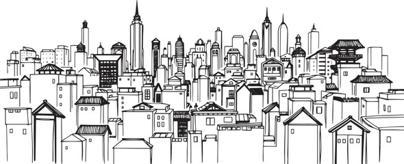 Obraz premium City landscape. Line urban backdrop. Different buildings on street, outline cityscape hand sketch, flat houses. Hand drawn vector illustration