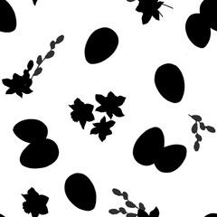 Fototapeta premium Hand drawn seamless pattern with black Easter eggs, daffodils, pussy willow on white background. Perfect for packaging, fabrics, cards, scrapbooking, holiday decor and background for Easter designs.
