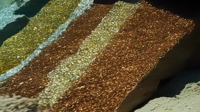 Vibrant mineral deposits illuminating underwater rock formation, creating mesmerizing metallic patterns and shimmering geological textures across deep ocean seabed landscape