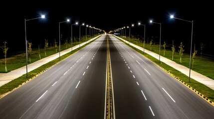 Night Highway: Empty Lanes Under Illumination - Empty highway at night, illuminated lanes, journey, freedom, solitude. Symbolising open road, opportunity, travel, progress, and stillness