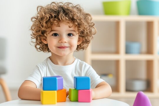 Bright and cheerful occupational therapy session with a young child practicing motor skills using colorful toys in a supportive environment