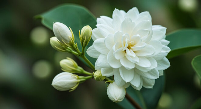  closeup beautiful white Indian jasmine or jasminum sambac flower on plant, in India known as mogra, jui, chameli, malti, mallika, jai in soft blur background