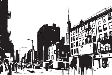Obraz premium City landscape. Line urban backdrop. Different buildings on street, outline cityscape hand sketch, flat houses. Hand drawn vector illustration