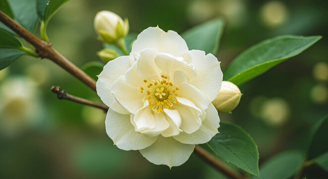  closeup beautiful white Indian jasmine or jasminum sambac flower on plant, in India known as mogra, jui, chameli, malti, mallika, jai in soft blur background