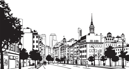 Obraz premium City landscape. Line urban backdrop. Different buildings on street, outline cityscape hand sketch, flat houses. Hand drawn vector illustration