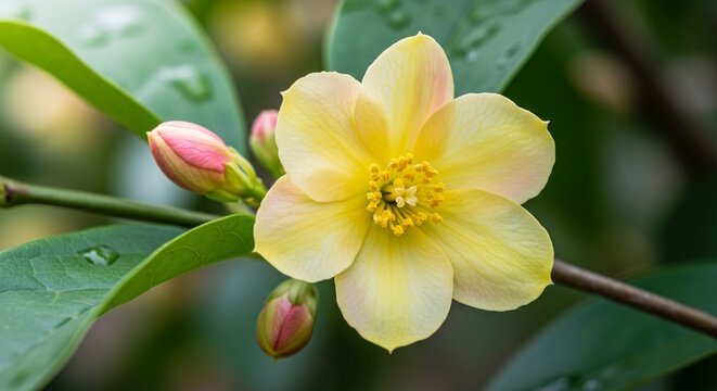  closeup beautiful yellow pink Indian jasmine or jasminum sambac flower on plant, in India known as mogra, jui, chameli, malti, mallika, jai in soft blur background