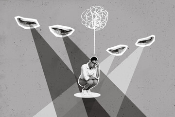 Collage 3d image of pinup pop retro sketch of depressed sad young woman avoid big watching spying eyes blue yellow ukrainian flag colors